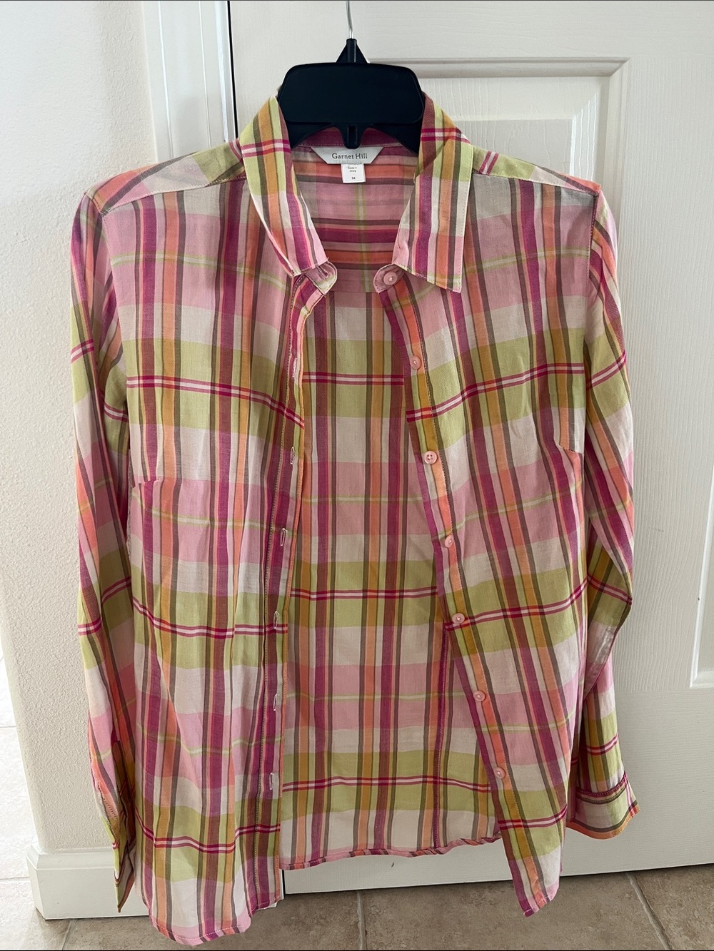 Garnet Hill Pink and Green Plaid Button-Down Shirt